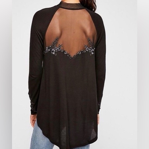 Free People Black Sheer Embroidered Blouse - Picture 2 of 4